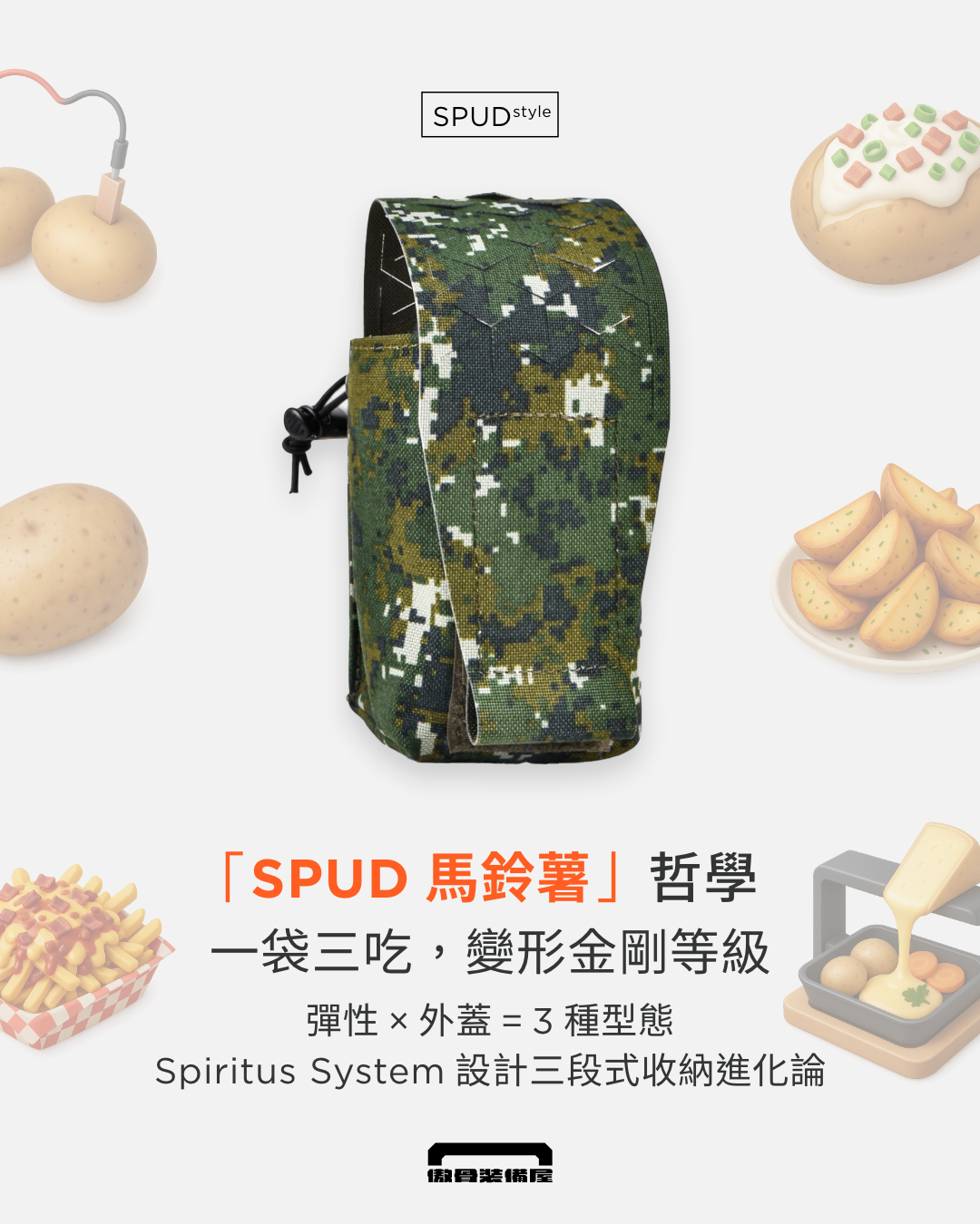Spiritus System 設計哲學:SPUD 彈匣袋一代三吃,彈性繩、外蓋創造三種型態裝載能力。製圖:傲骨戰術裝備屋