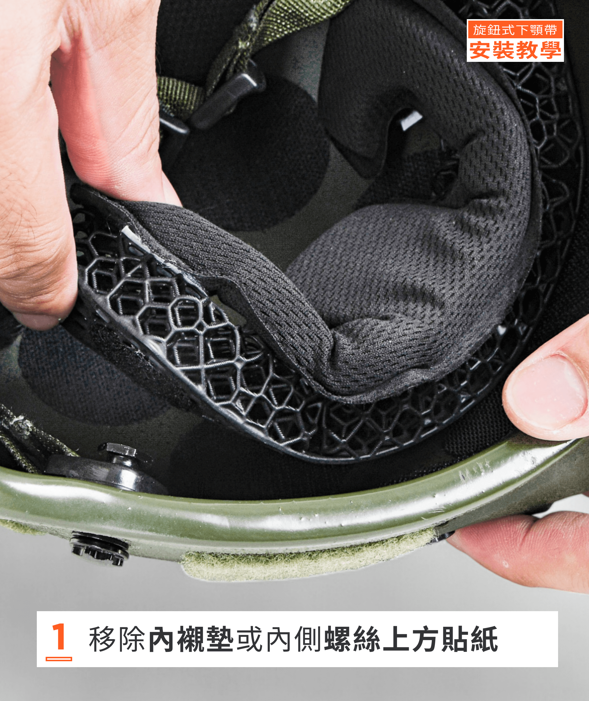 安裝旋鈕式下顎帶第一步：將覆蓋在四邊螺絲的內襯墊移除，拆卸螺絲。製圖：傲骨戰術裝備屋