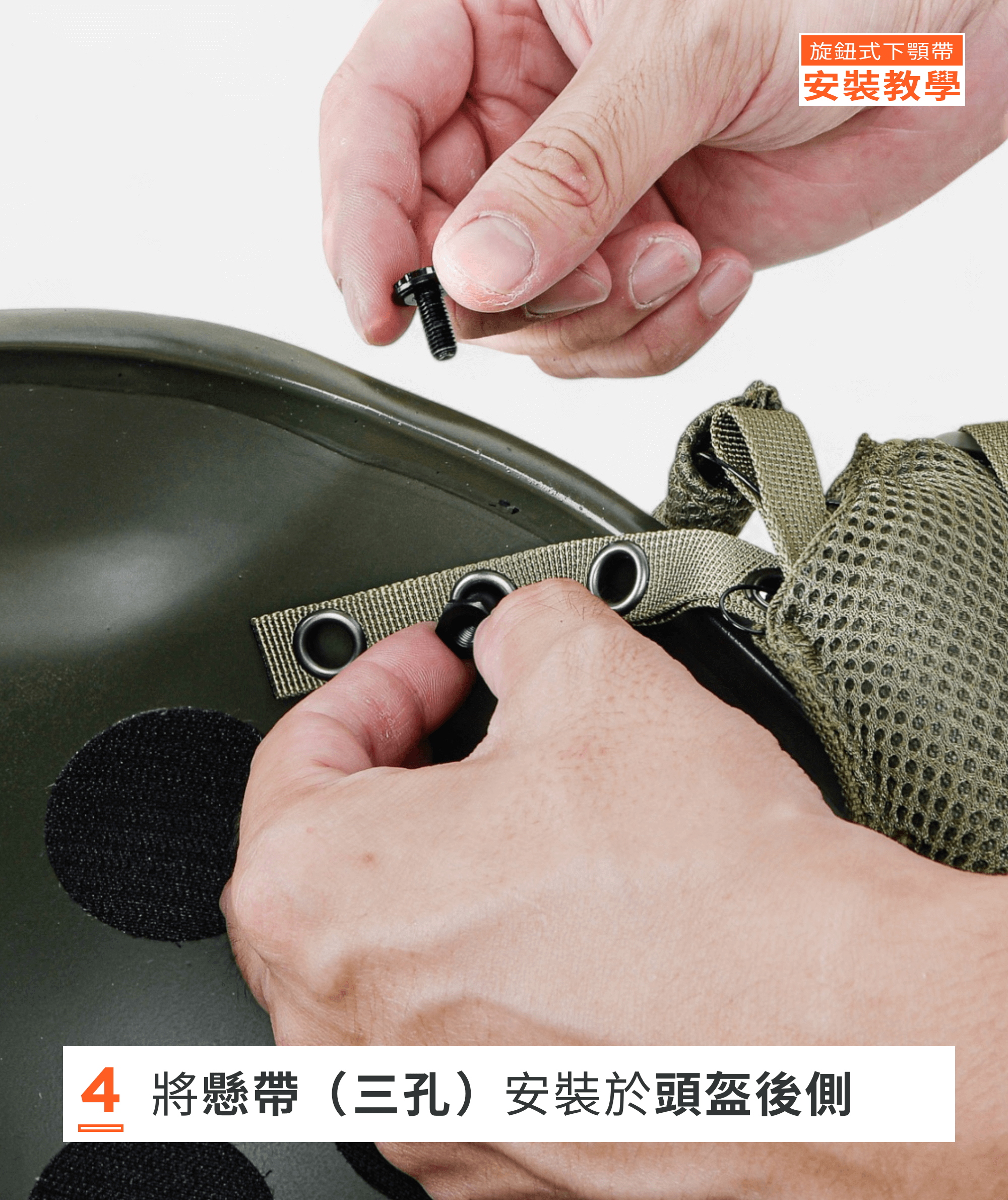 將稍早卸除的螺絲組鎖上頭盔。製圖：傲骨戰術裝備屋