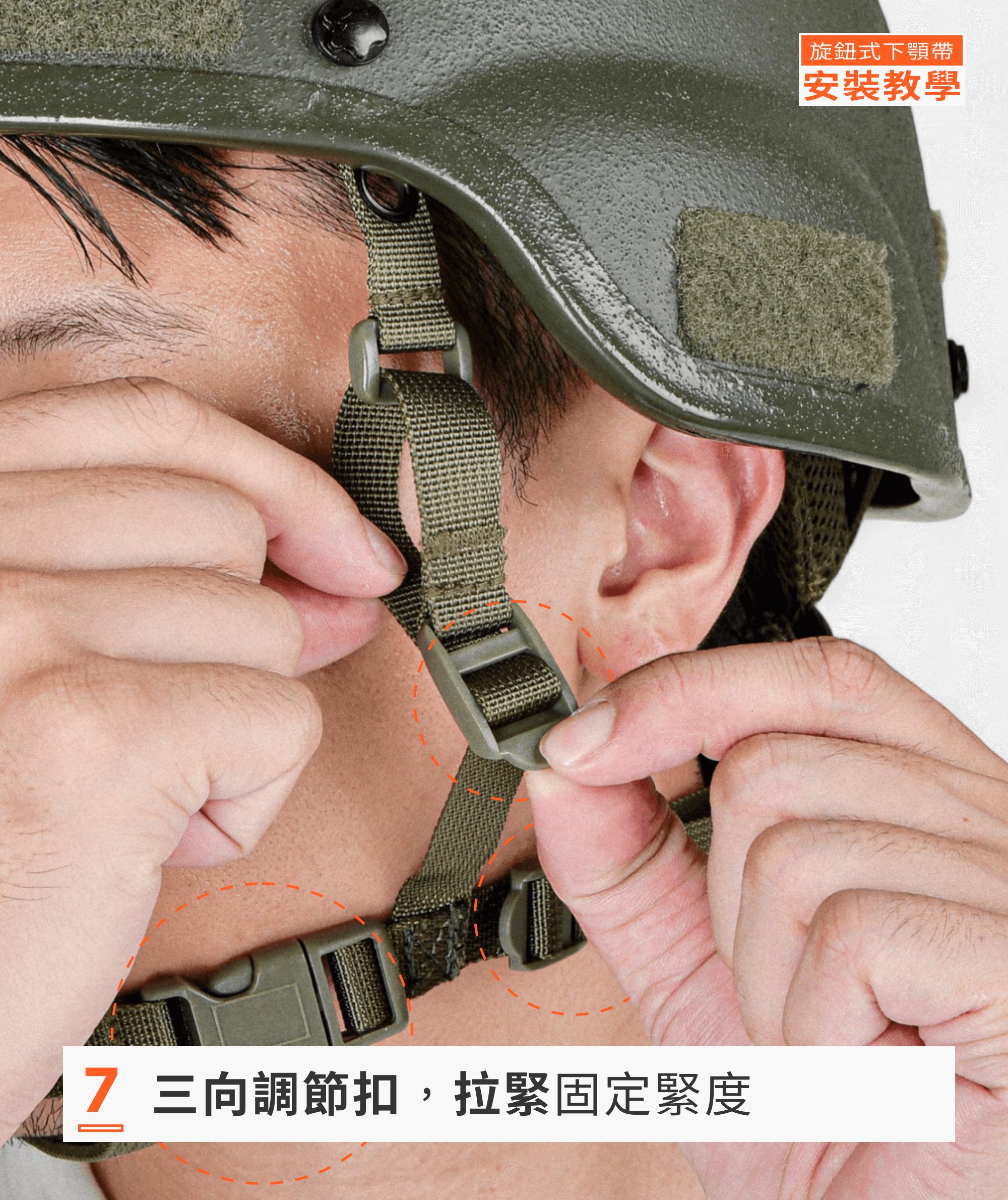 第三代旋鈕式下顎帶的調節環從卡扣式變成日型滑軌式，輕撥即可位移調整，調整穩定更有效率。製圖：傲骨戰術裝備屋
